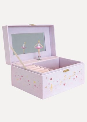 Muziekdoosje ballerina open met draaiende ballerina spiegel en opbergvakjes roze