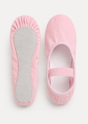 Roze kinderballetschoenen met elastiek en volledige suède zool, boven- en onderaanzicht