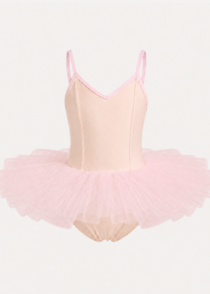 Kinderballetpakje met roomkleurig lijfje, roze biesband en lichtroze tutu